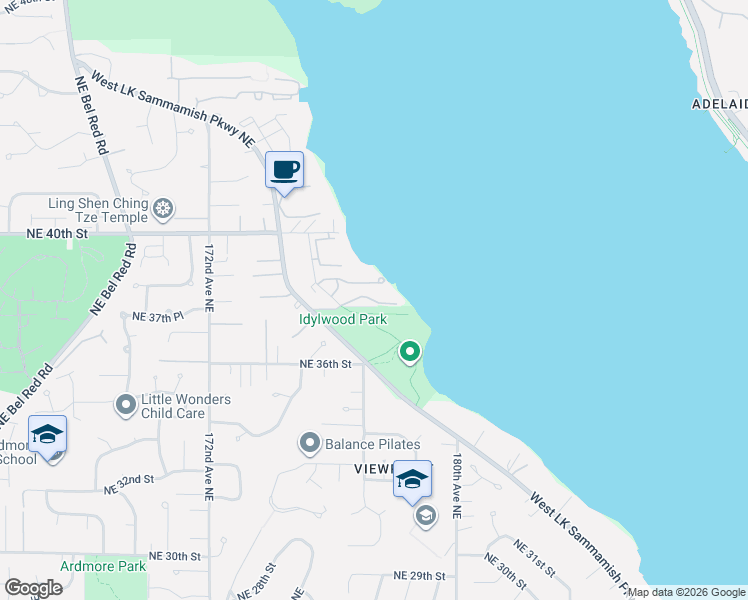 map of restaurants, bars, coffee shops, grocery stores, and more near 17526 Northeast 38th Court in Redmond