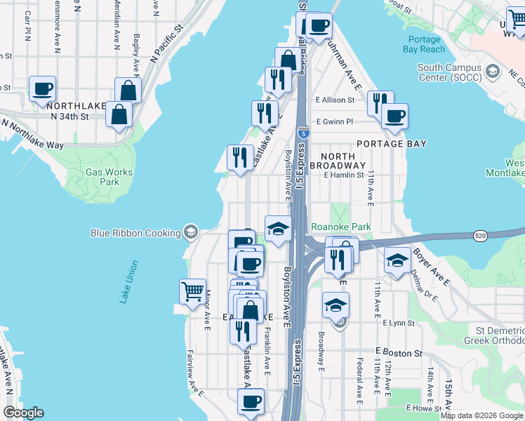 map of restaurants, bars, coffee shops, grocery stores, and more near 217 East Edgar Street in Seattle