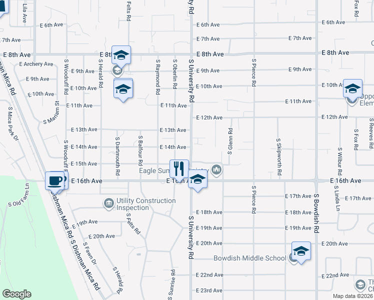 map of restaurants, bars, coffee shops, grocery stores, and more near 1323 South University Road in Spokane Valley