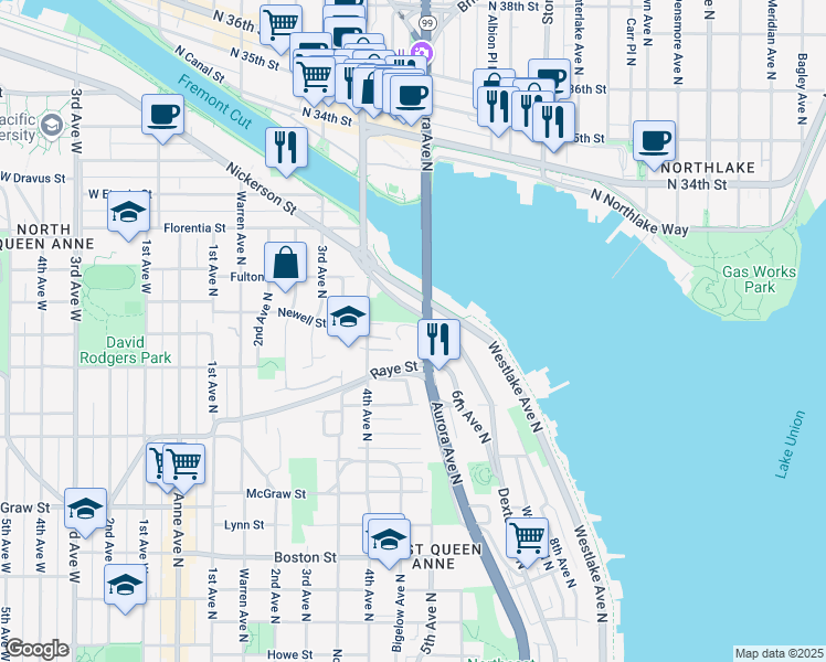 map of restaurants, bars, coffee shops, grocery stores, and more near 2717 Dexter Avenue North in Seattle