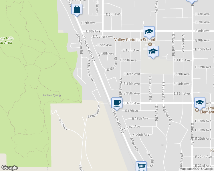 map of restaurants, bars, coffee shops, grocery stores, and more near 1316 South Robinhood Street in Spokane Valley