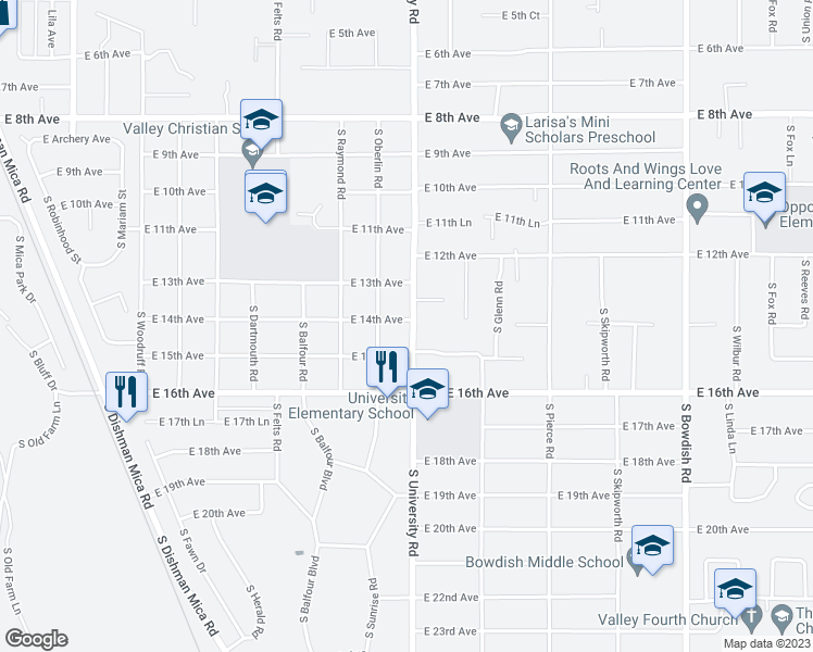 map of restaurants, bars, coffee shops, grocery stores, and more near 10622 East 14th Avenue in Spokane Valley