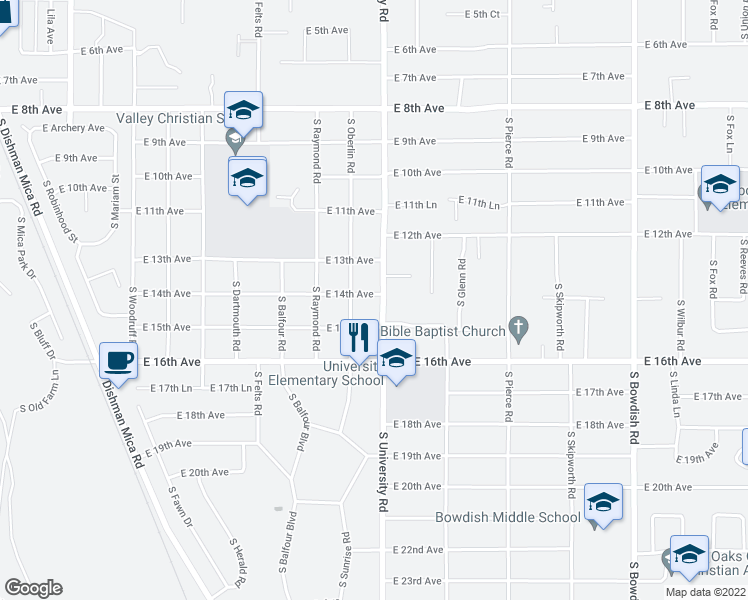 map of restaurants, bars, coffee shops, grocery stores, and more near 1309 South Oberlin Road in Spokane Valley