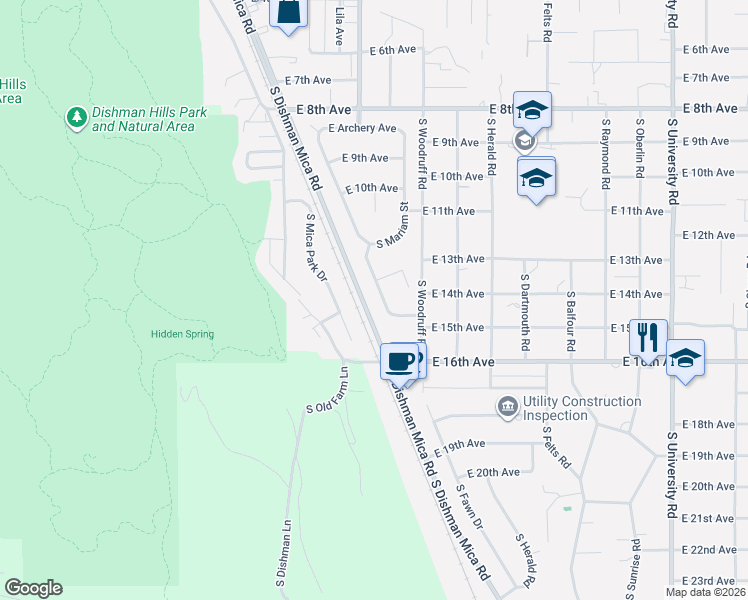 map of restaurants, bars, coffee shops, grocery stores, and more near 1308 South Robinhood Street in Spokane Valley