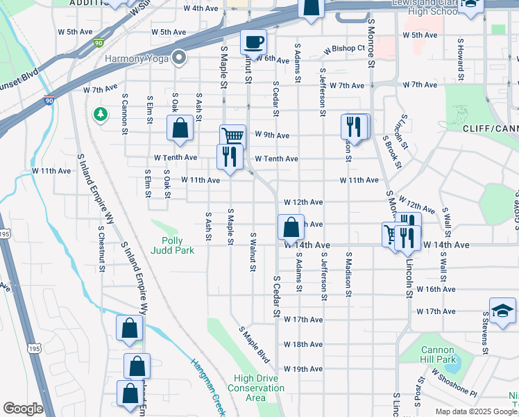 map of restaurants, bars, coffee shops, grocery stores, and more near 1421 West 12th Avenue in Spokane