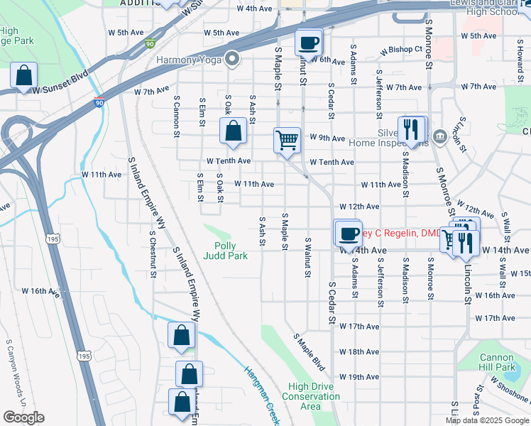 map of restaurants, bars, coffee shops, grocery stores, and more near 1129 South Ash Street in Spokane