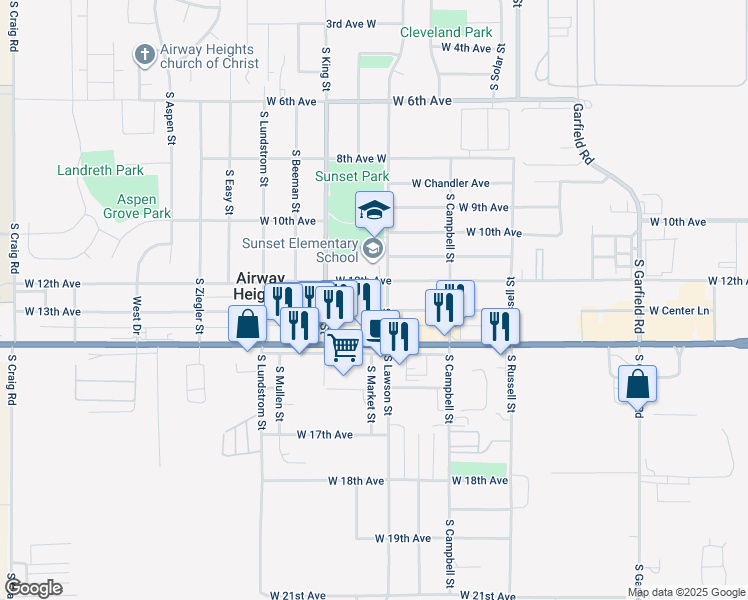 map of restaurants, bars, coffee shops, grocery stores, and more near 12801 West 12th Avenue in Airway Heights