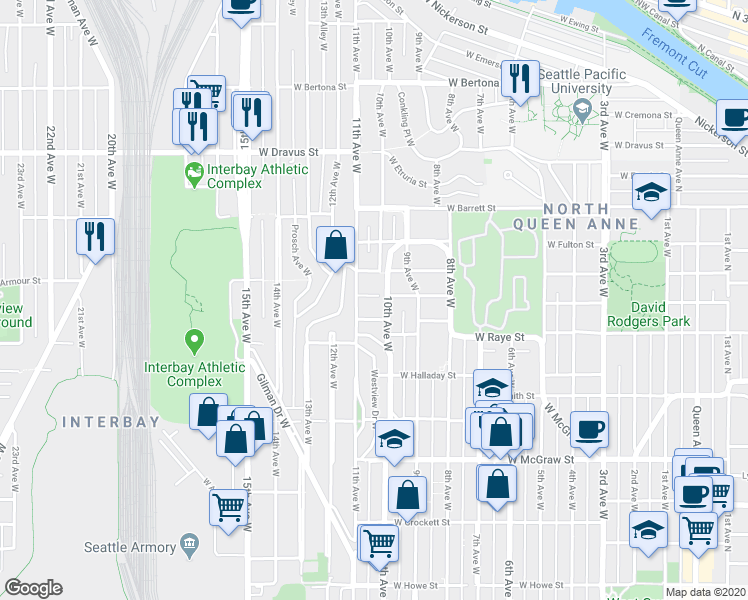 map of restaurants, bars, coffee shops, grocery stores, and more near 2700 11th Avenue West in Seattle