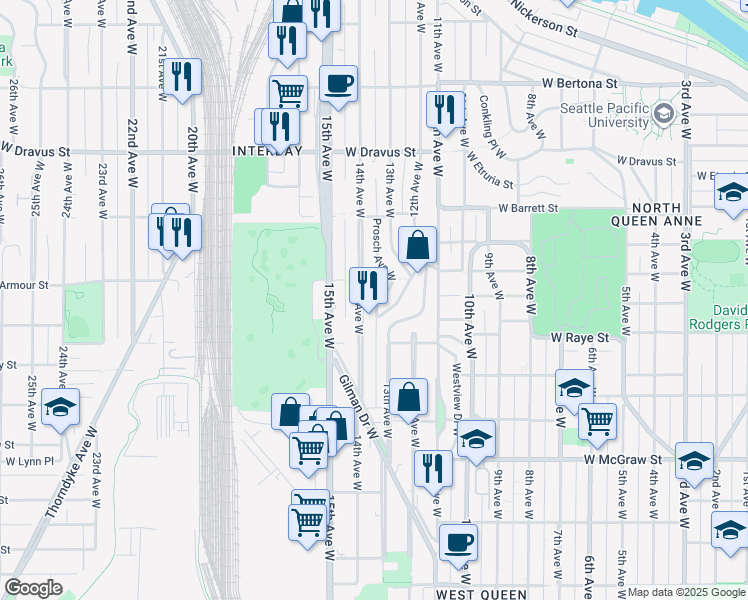 map of restaurants, bars, coffee shops, grocery stores, and more near 2650 14th Avenue West in Seattle