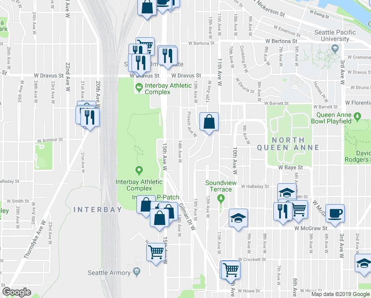 map of restaurants, bars, coffee shops, grocery stores, and more near 2641 Prosch Avenue West in Seattle
