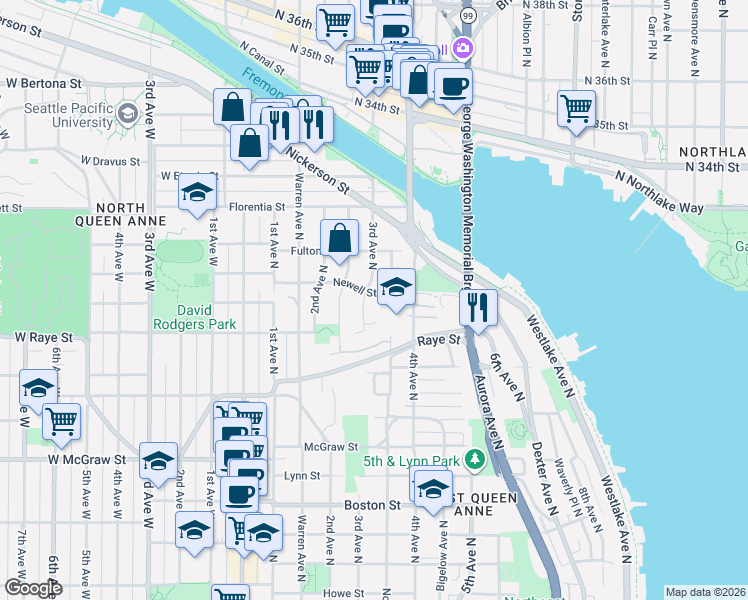map of restaurants, bars, coffee shops, grocery stores, and more near 2703 3rd Avenue North in Seattle