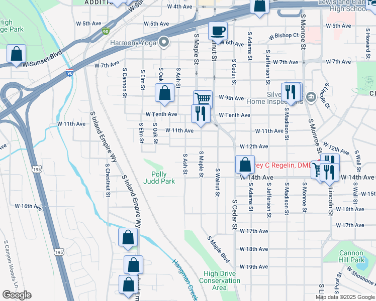 map of restaurants, bars, coffee shops, grocery stores, and more near 1129 South Ash Street in Spokane
