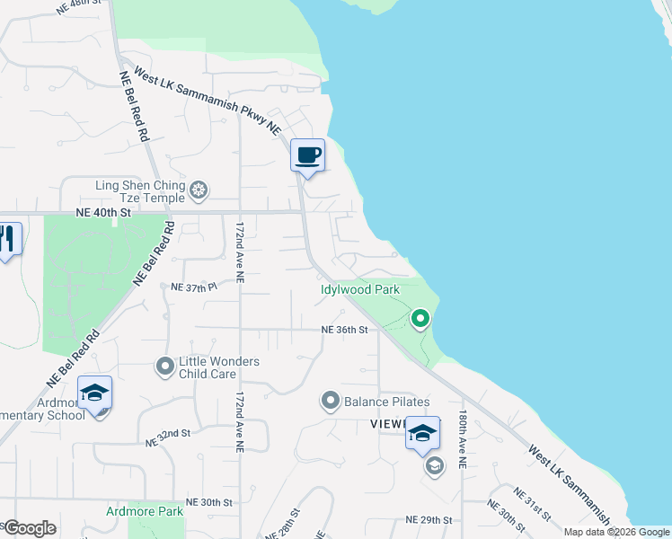 map of restaurants, bars, coffee shops, grocery stores, and more near 17440 Northeast 38th Street in Redmond