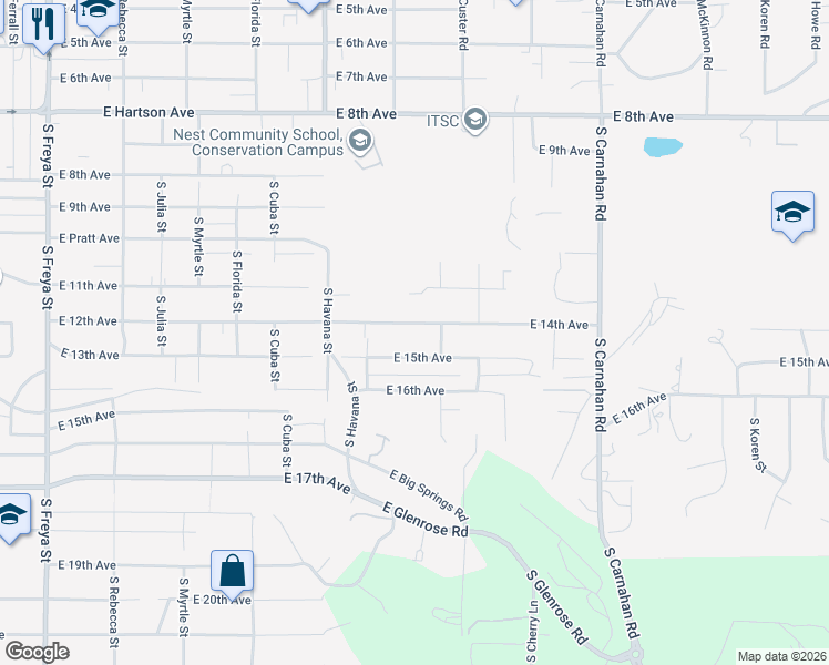 map of restaurants, bars, coffee shops, grocery stores, and more near 4508 East 14th Avenue in Spokane Valley