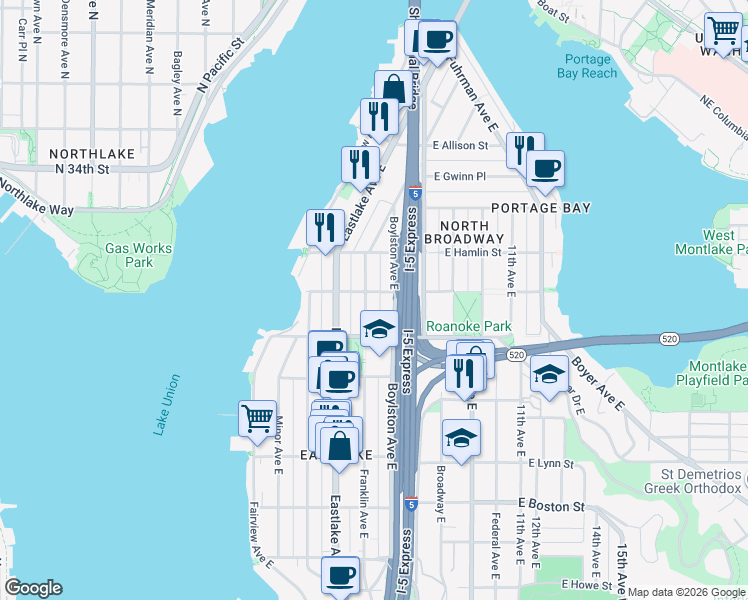 map of restaurants, bars, coffee shops, grocery stores, and more near 2637 Boylston Avenue East in Seattle