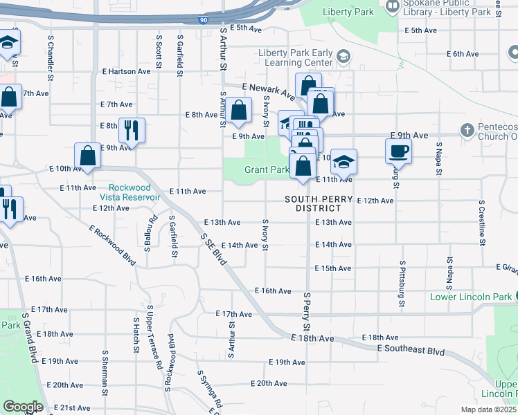 map of restaurants, bars, coffee shops, grocery stores, and more near 1122 East 12th Avenue in Spokane