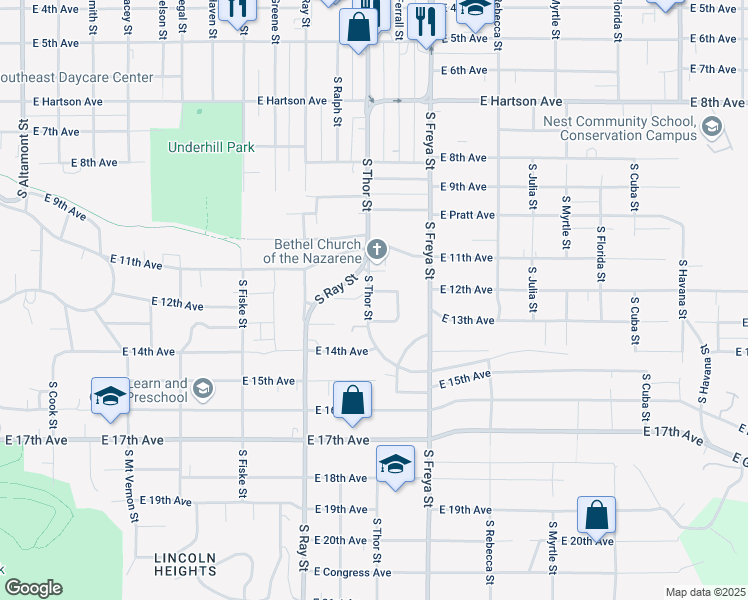 map of restaurants, bars, coffee shops, grocery stores, and more near 3403 East 12th Avenue in Spokane