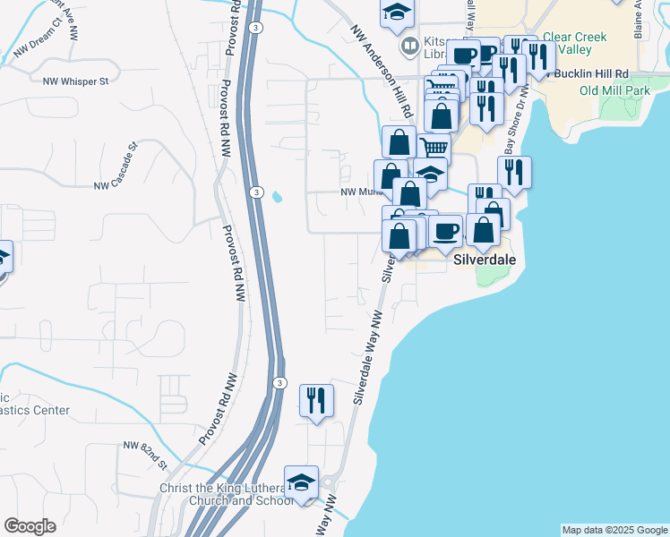 map of restaurants, bars, coffee shops, grocery stores, and more near 8979 Erie Avenue Northwest in Silverdale