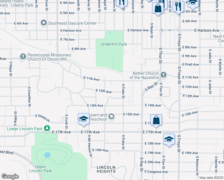 map of restaurants, bars, coffee shops, grocery stores, and more near 2990 East 12th Avenue in Spokane