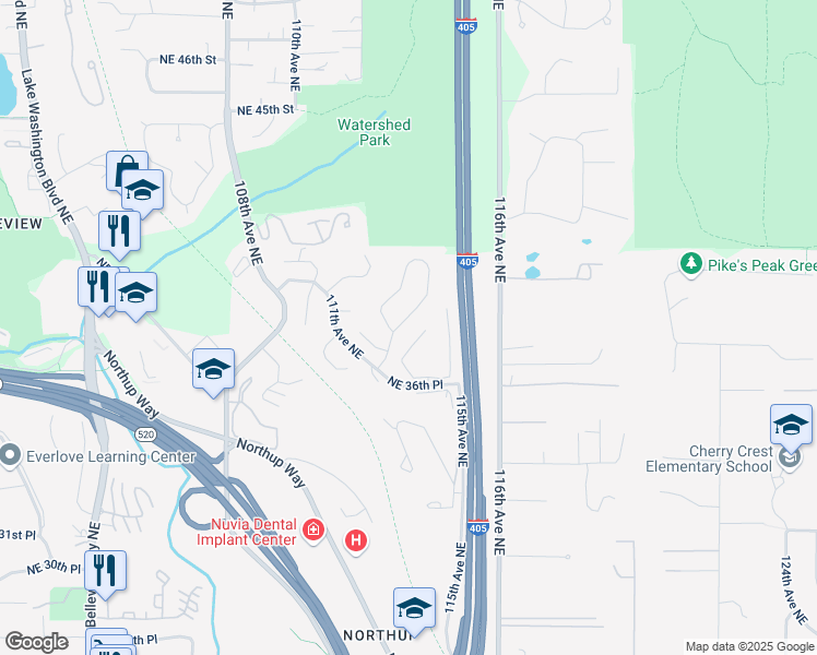 map of restaurants, bars, coffee shops, grocery stores, and more near 3734 113th Avenue Northeast in Bellevue