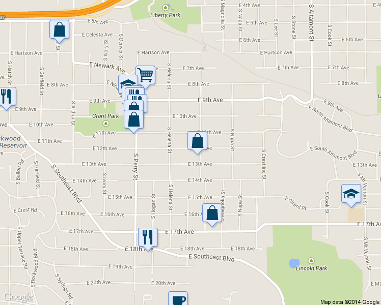 map of restaurants, bars, coffee shops, grocery stores, and more near 1712 East 12th Avenue in Spokane
