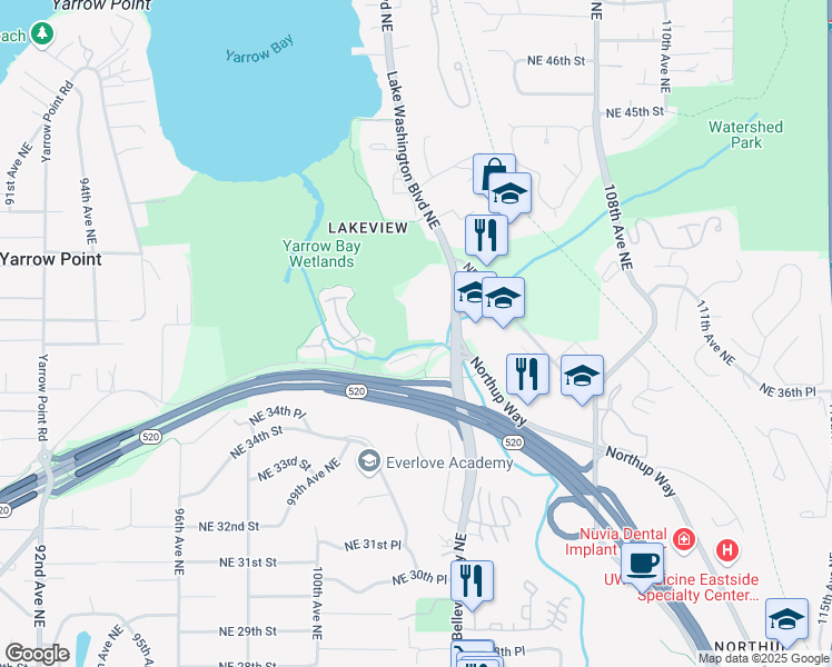 map of restaurants, bars, coffee shops, grocery stores, and more near 10220 Northeast Points Drive in Kirkland
