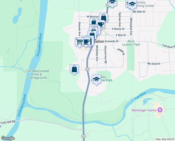 map of restaurants, bars, coffee shops, grocery stores, and more near Tolt Avenue in Carnation