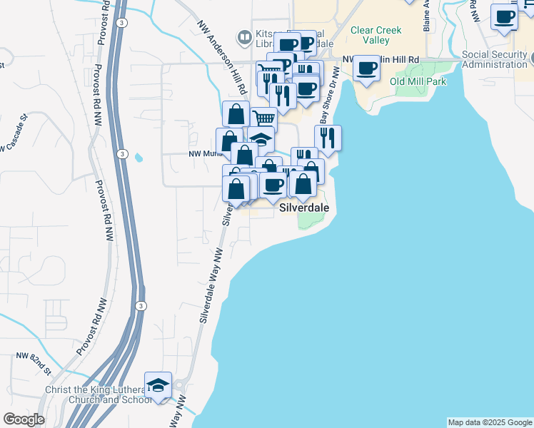 map of restaurants, bars, coffee shops, grocery stores, and more near 3489 Northwest Byron Street in Silverdale