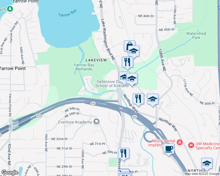 map of restaurants, bars, coffee shops, grocery stores, and more near 10220 Northeast Points Drive in Kirkland