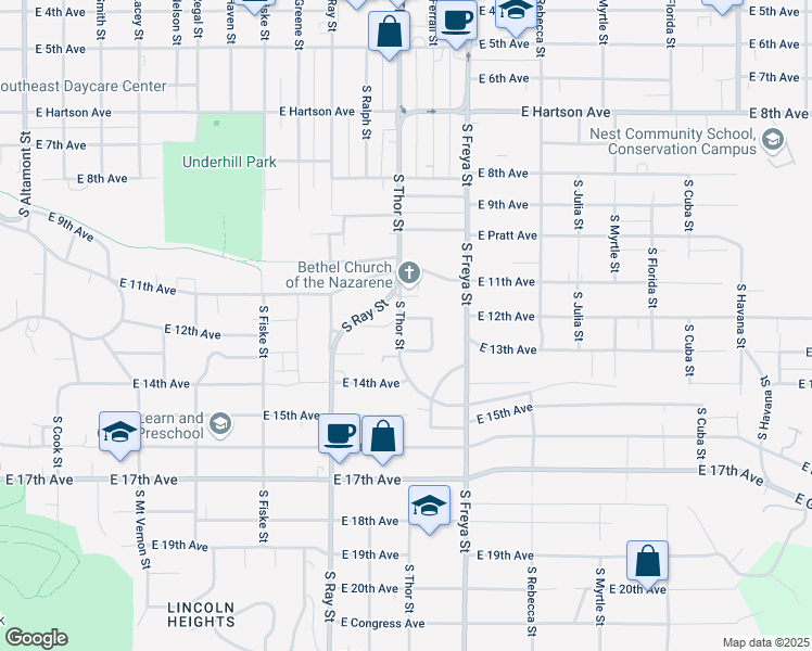 map of restaurants, bars, coffee shops, grocery stores, and more near 3403 East 12th Avenue in Spokane
