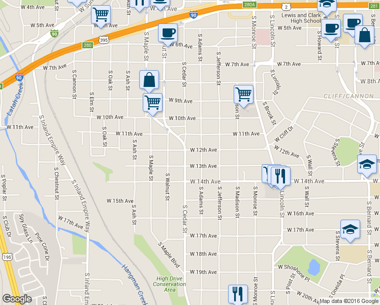 map of restaurants, bars, coffee shops, grocery stores, and more near 1310-1398 West 12th Avenue in Spokane