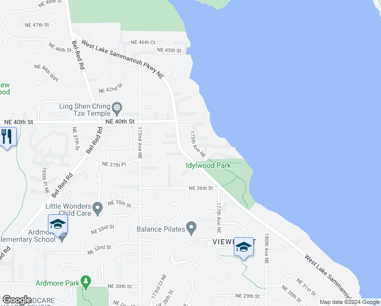 map of restaurants, bars, coffee shops, grocery stores, and more near 3834 175th Avenue Northeast in Redmond