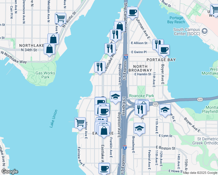 map of restaurants, bars, coffee shops, grocery stores, and more near 217 East Edgar Street in Seattle