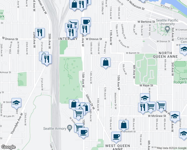 map of restaurants, bars, coffee shops, grocery stores, and more near 2650 14th Avenue West in Seattle
