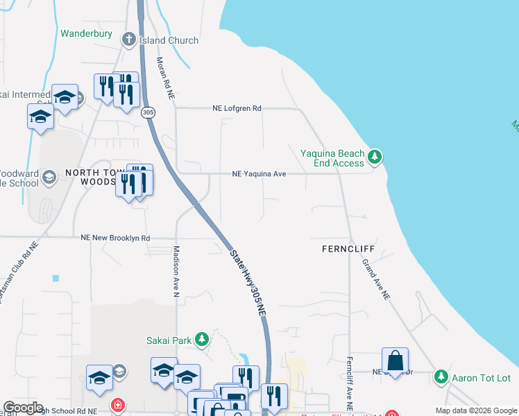 map of restaurants, bars, coffee shops, grocery stores, and more near 10060 Northeast Springwood Lane in Bainbridge Island
