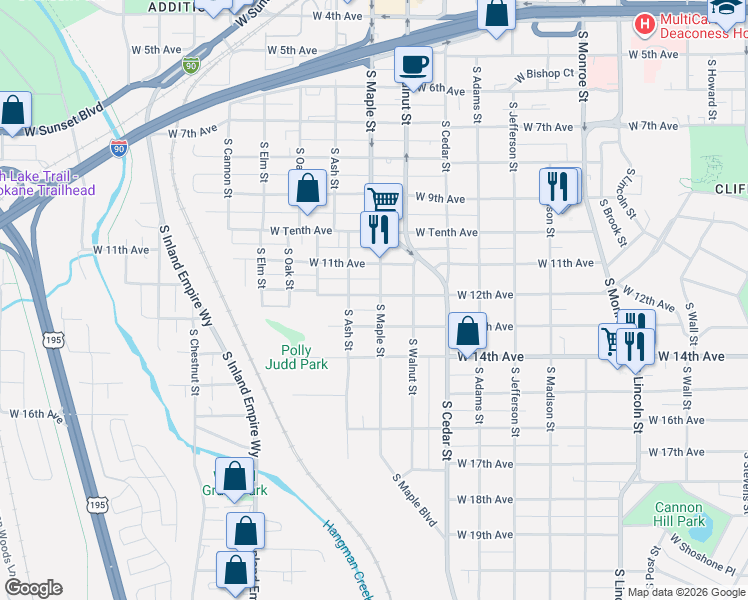 map of restaurants, bars, coffee shops, grocery stores, and more near 1123 South Maple Street in Spokane
