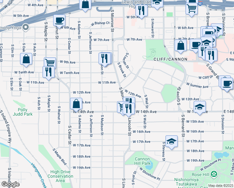 map of restaurants, bars, coffee shops, grocery stores, and more near 913 West 12th Avenue in Spokane