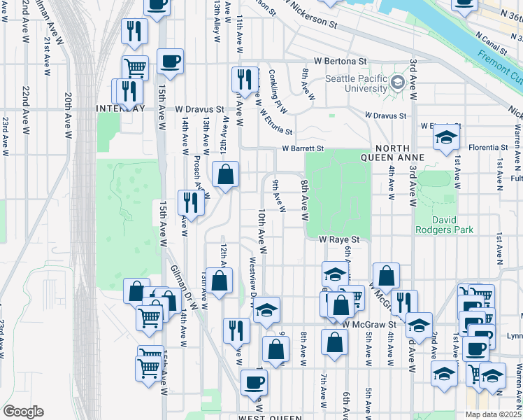 map of restaurants, bars, coffee shops, grocery stores, and more near 10th Ave W & W Newell St in Seattle