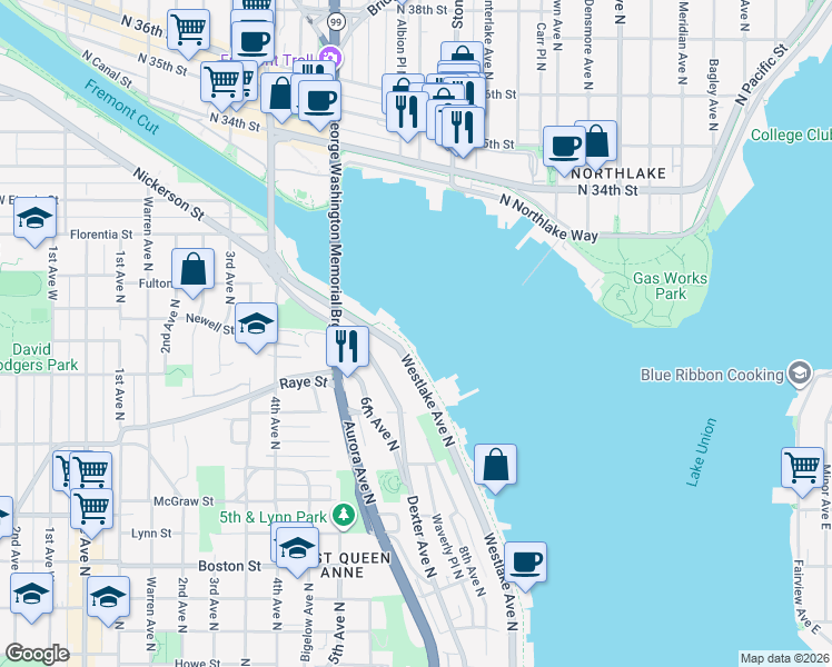 map of restaurants, bars, coffee shops, grocery stores, and more near 2700 Westlake Avenue North in Seattle