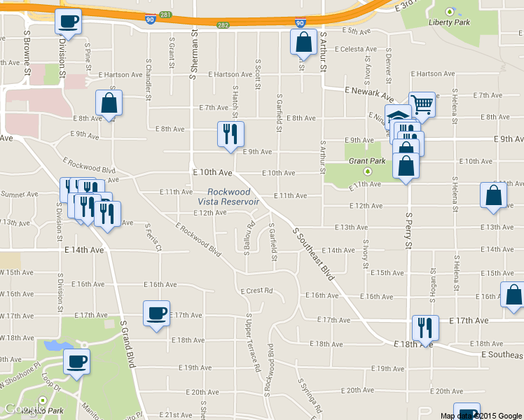 map of restaurants, bars, coffee shops, grocery stores, and more near 1204 South Ballou Road in Spokane
