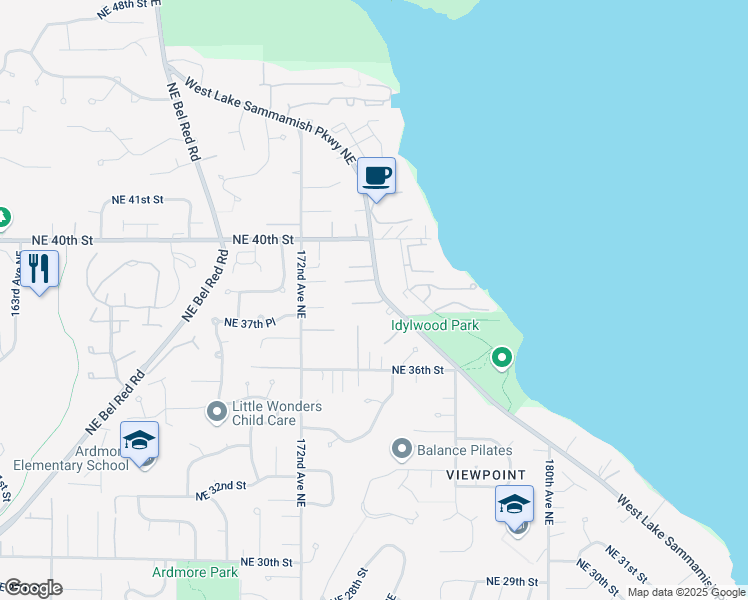 map of restaurants, bars, coffee shops, grocery stores, and more near 3827 West Lake Sammamish Parkway Northeast in Redmond