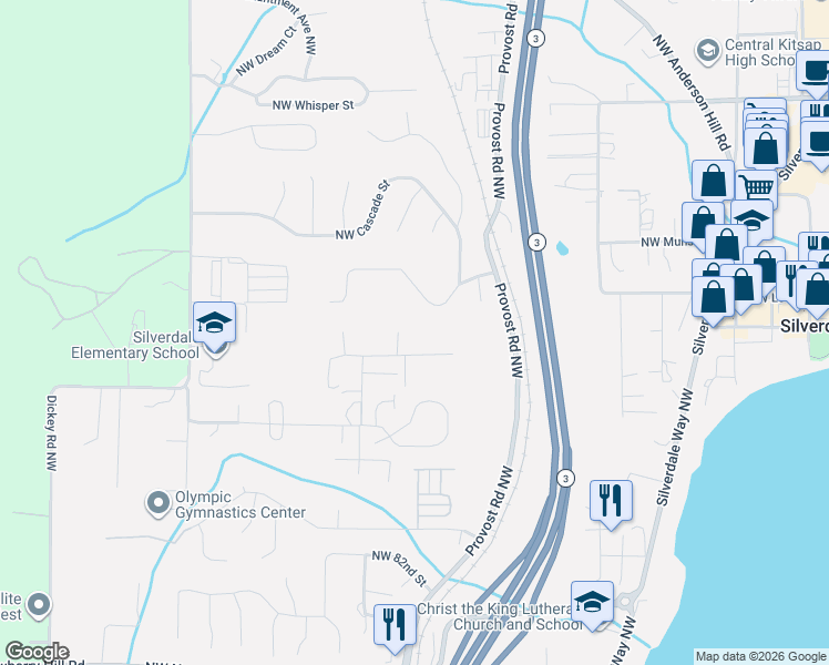 map of restaurants, bars, coffee shops, grocery stores, and more near 4774 Lupine Lane Northwest in Silverdale