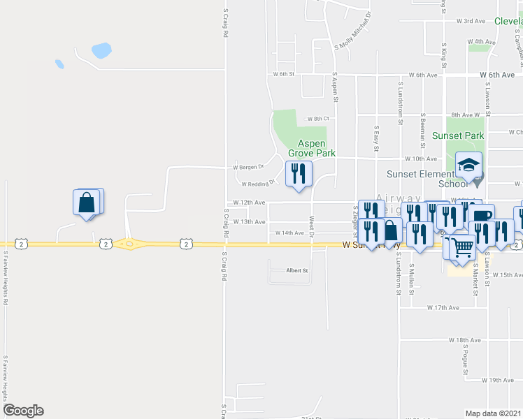 map of restaurants, bars, coffee shops, grocery stores, and more near 1208 South Loffler Street in Airway Heights
