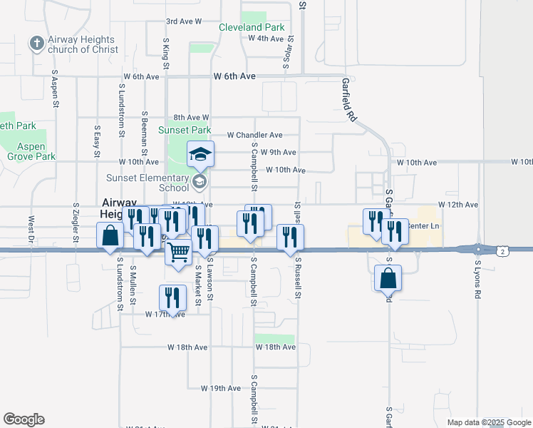map of restaurants, bars, coffee shops, grocery stores, and more near in Airway Heights
