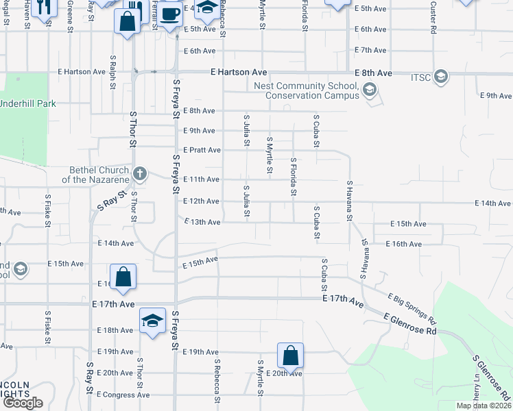 map of restaurants, bars, coffee shops, grocery stores, and more near 3912 East 12th Avenue in Spokane