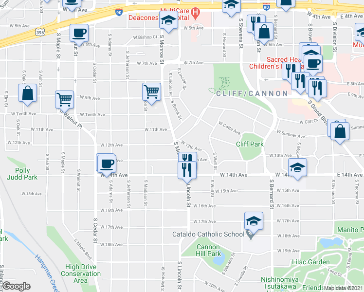 map of restaurants, bars, coffee shops, grocery stores, and more near 825 West 12th Avenue in Spokane