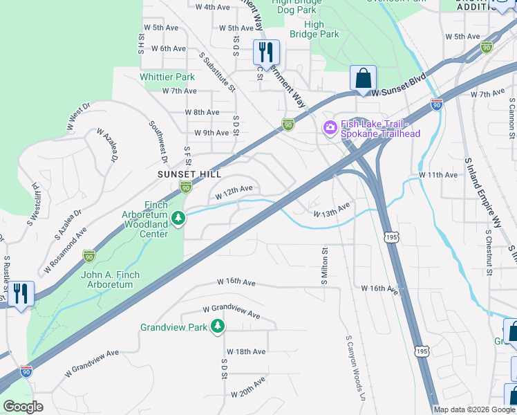 map of restaurants, bars, coffee shops, grocery stores, and more near 3101 West 13th Court in Spokane