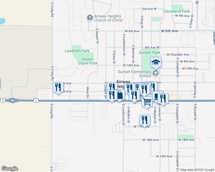 map of restaurants, bars, coffee shops, grocery stores, and more near 13321 West 12th Avenue in Airway Heights