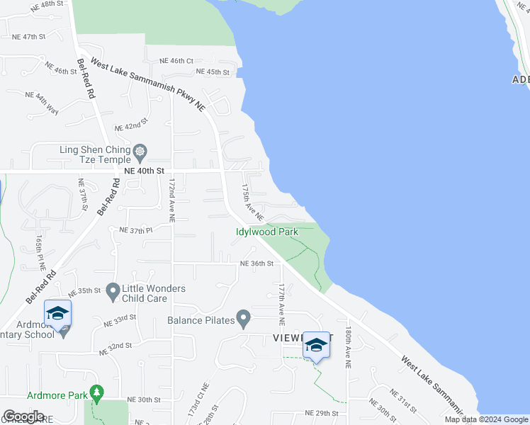 map of restaurants, bars, coffee shops, grocery stores, and more near 3834 175th Avenue Northeast in Redmond