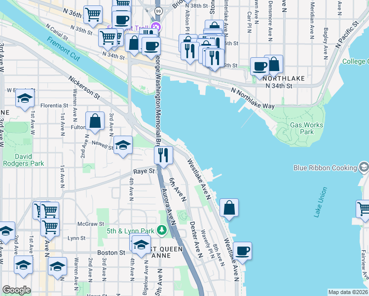 map of restaurants, bars, coffee shops, grocery stores, and more near 2700 Westlake Avenue North in Seattle